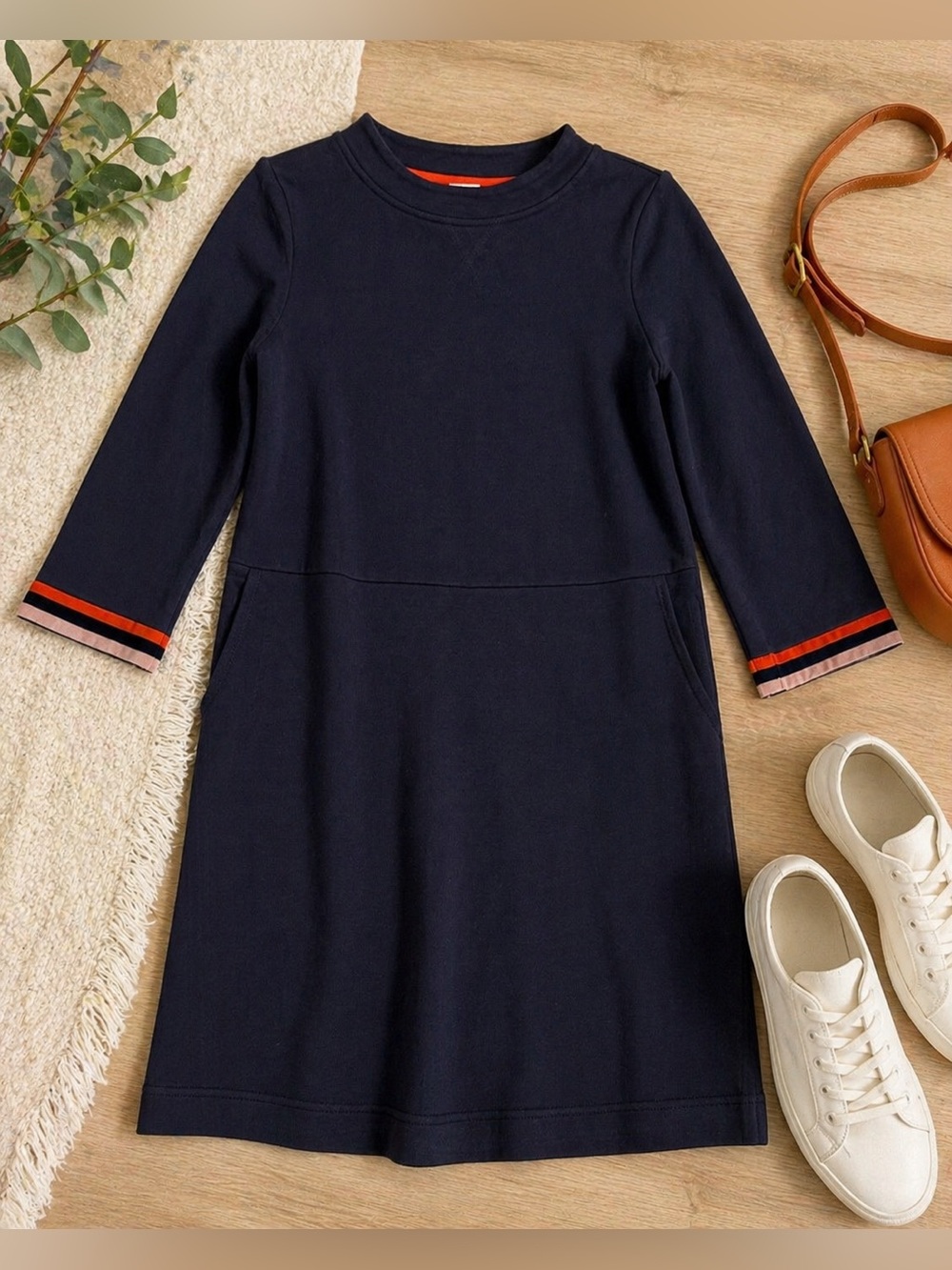 Boden Navy Shift Dress Stripe Cuff Detail 3/4 Sleeve Cotton Size 4 (UK 8)